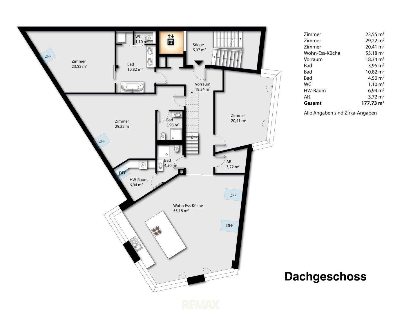 Grundriss des Dachgeschosses mit drei Zimmern, Wohn-Ess-Küche und Bädern.