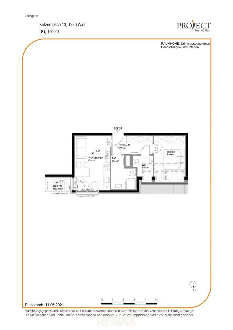 Grundriss der Wohnung Top 26 im Dachgeschoss mit Wohnzimmer, Bad und Zimmer.
