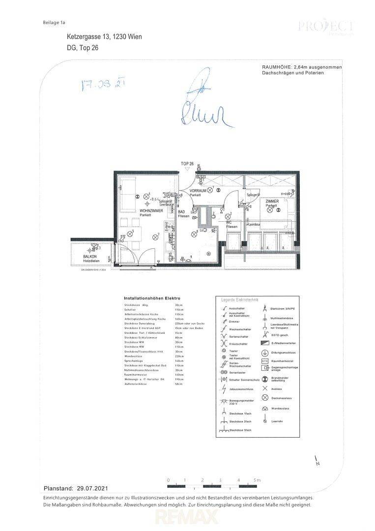 Detaillierter Grundriss der Wohnung Top 26 mit Elektroinstallationen und Raumaufteilung.