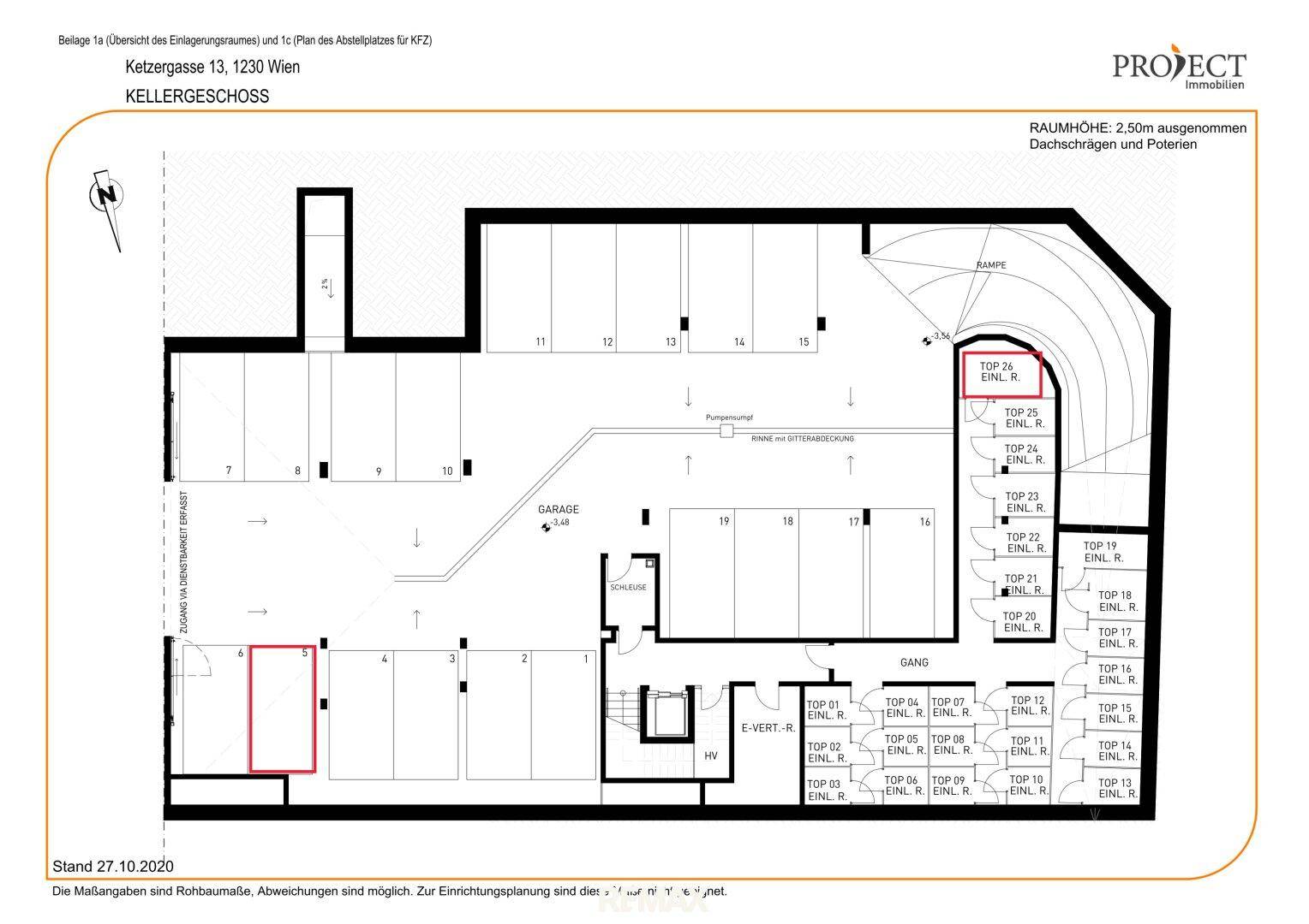 Grundriss des Kellergeschosses mit Tiefgarage und Abstellplätzen für die Wohneinheiten.