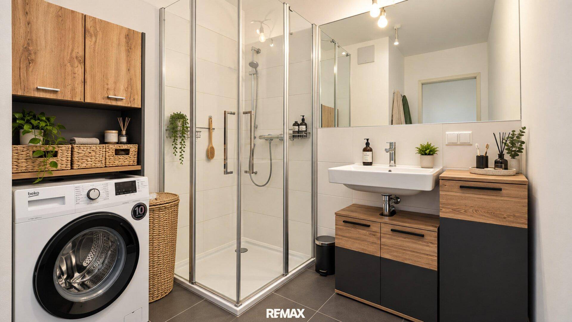 Helles Badezimmer mit Duschkabine, Waschbecken und integrierter Waschmaschine, modern gefliest.