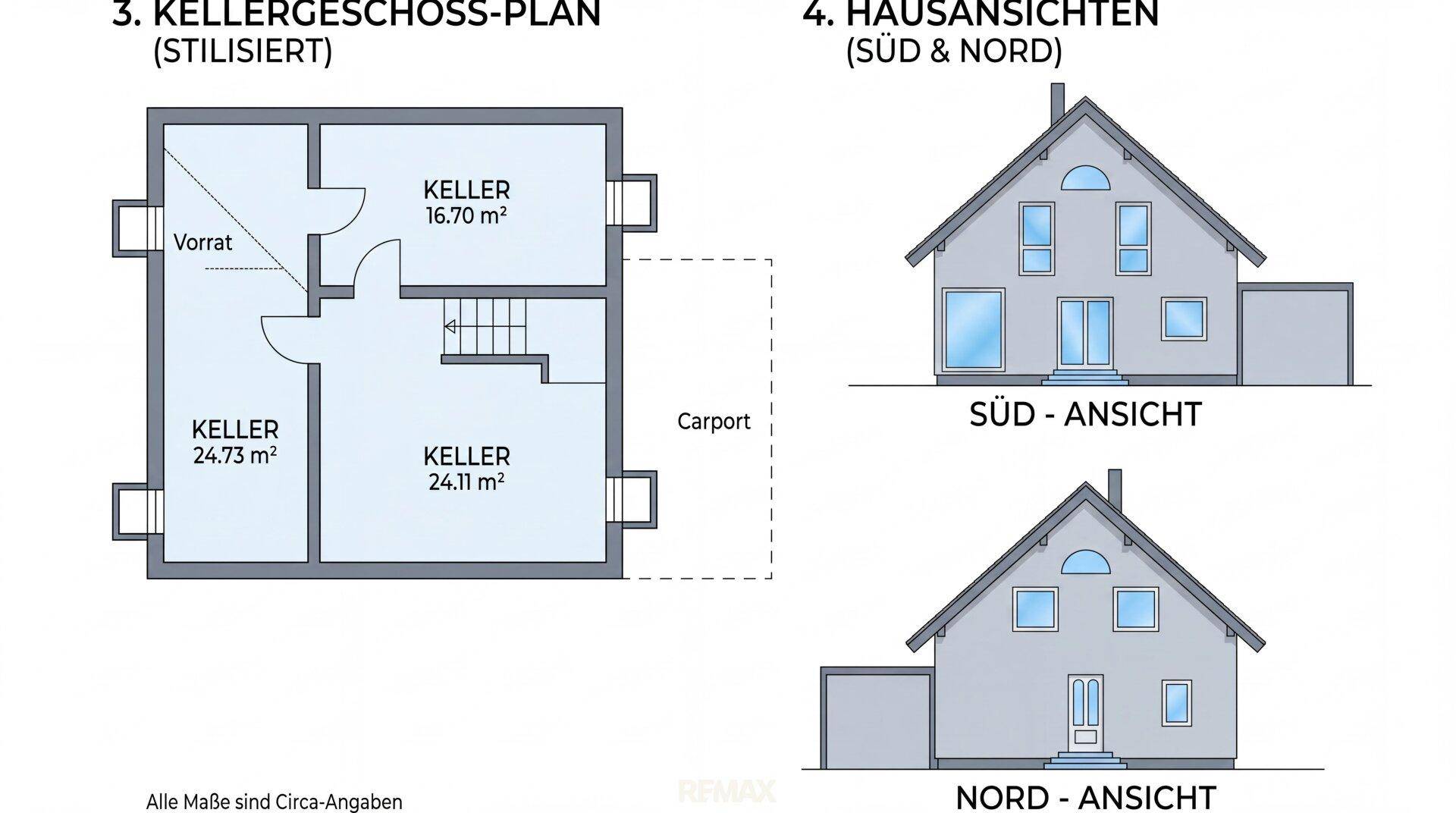 Kellergeschoss und Hausansicht sowie Carport Haus Bisamberg
