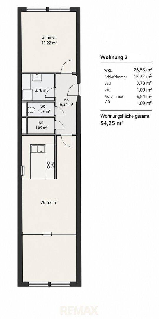 Grundriss der Wohnung 2 mit Raumaufteilung und Flächenangaben von 54,25 m².