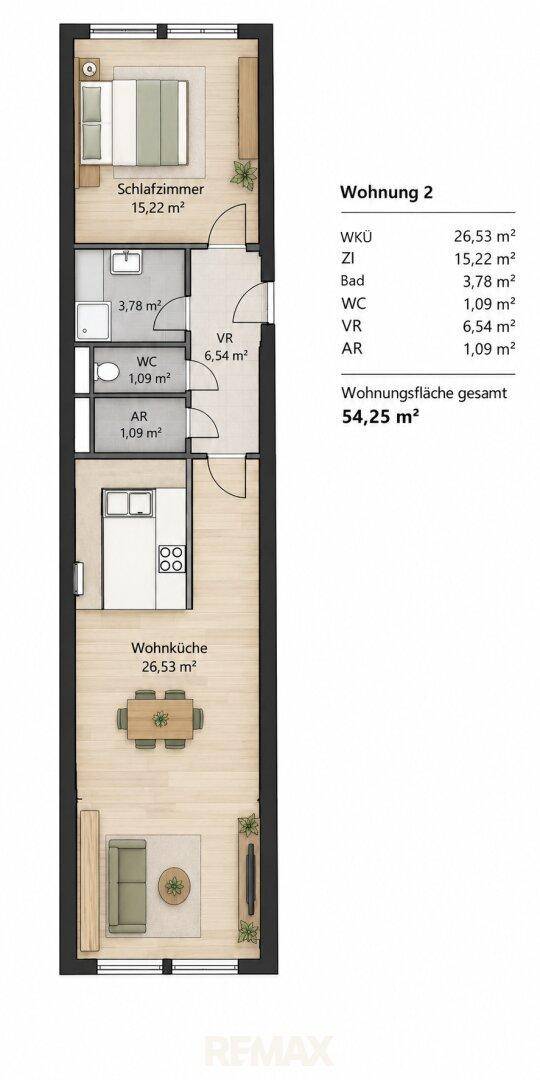 Möblierter Grundriss der Wohnung 2 mit Schlafzimmer, Wohnküche und Bädern.
