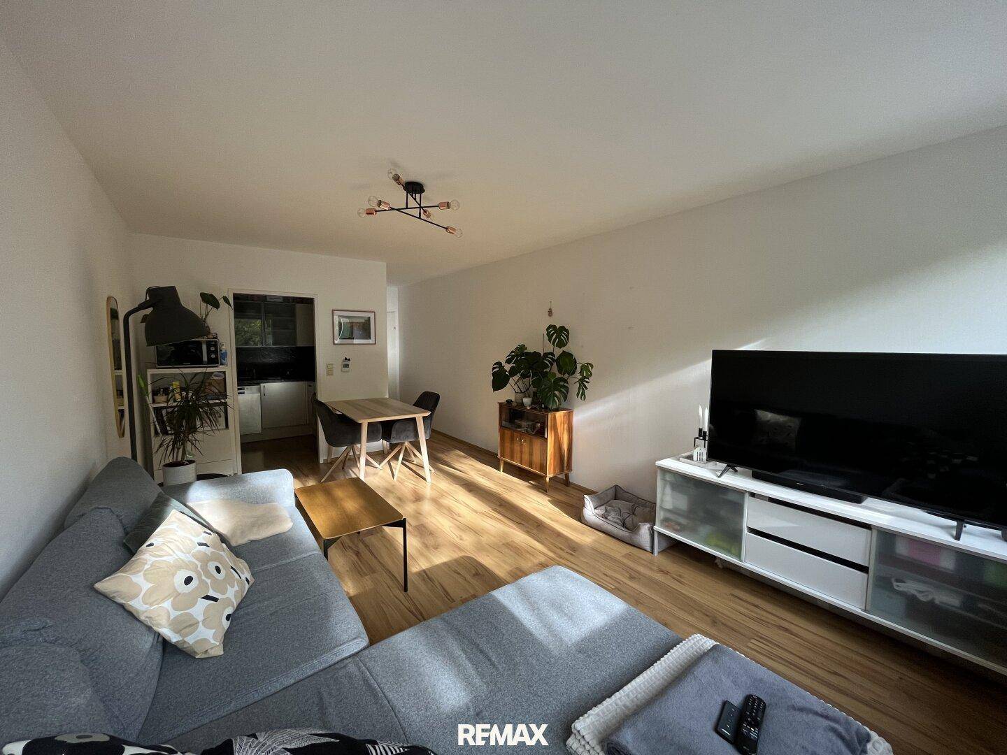 Lichtdurchfluteter Wohnbereich mit Sofa, Fernseher und angrenzendem Essbereich.
