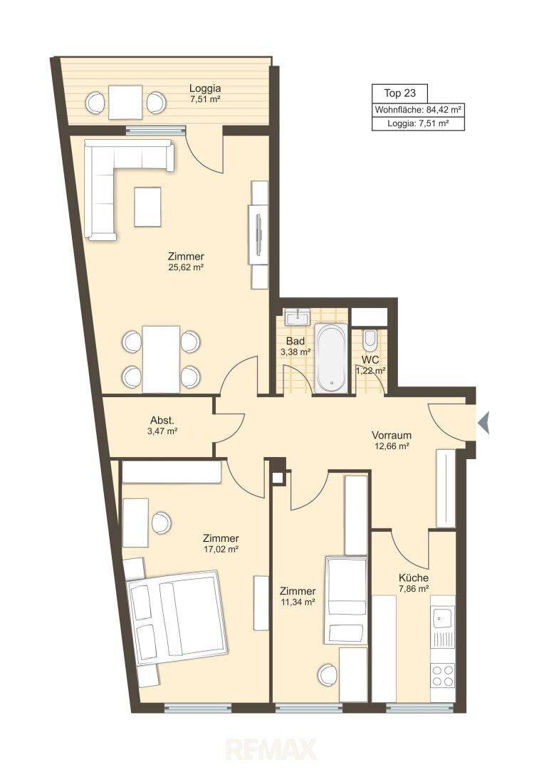 Grundriss möbliert Variante 3 Zimmer