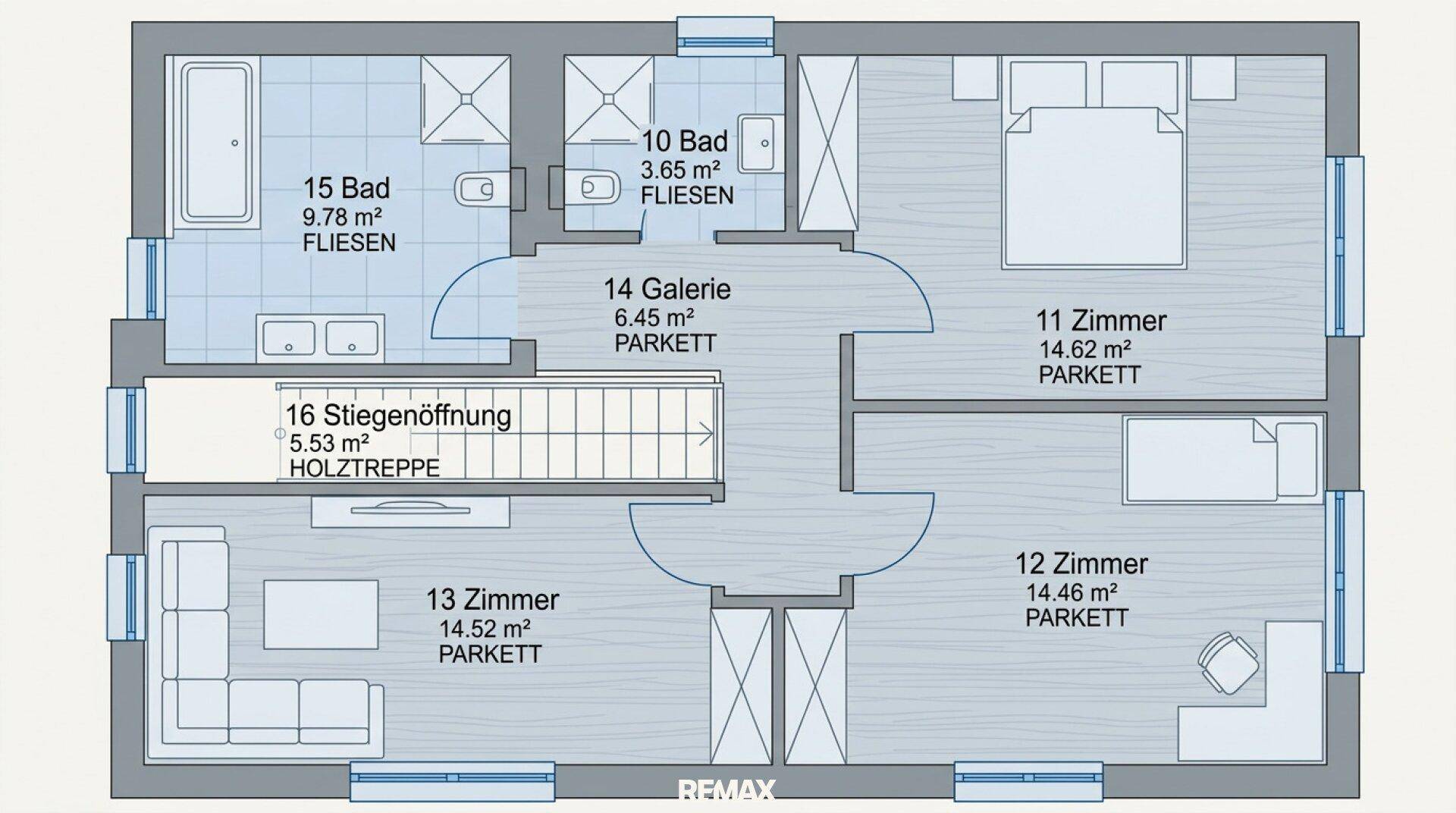 Grundriss des Obergeschosses mit drei Zimmern, zwei Bädern und Galeriebereich.