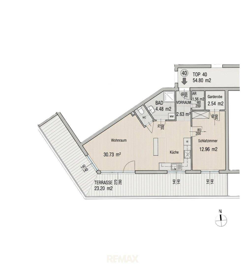 Grundriss der Wohnung mit Wohnraum, Schlafzimmer, Bad und großer Terrasse.