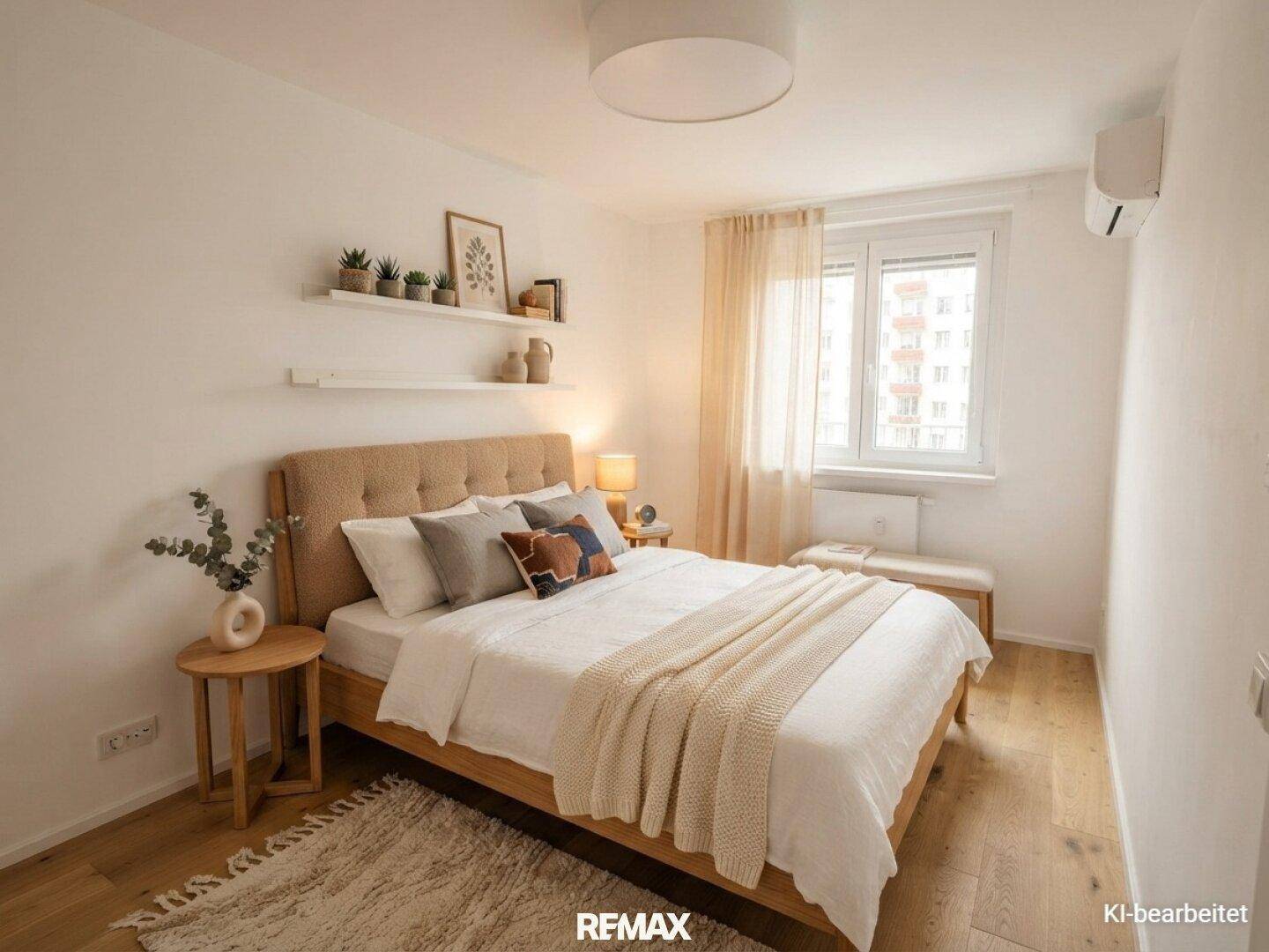 Virtuell inszeniertes Schlafzimmer mit Doppelbett, Holzboden und Klimaanlage.