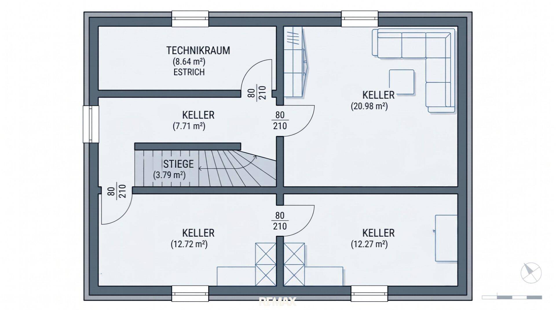 Grundriss des Kellergeschosses mit Technikraum und mehreren Kellerräumen.