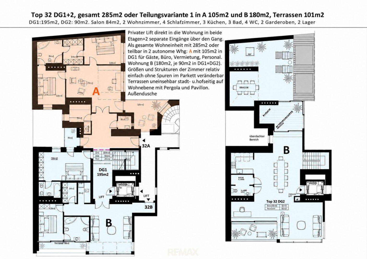 Grundriss der Dachgeschosswohnung mit 285m² und optionaler Teilung in zwei Einheiten.