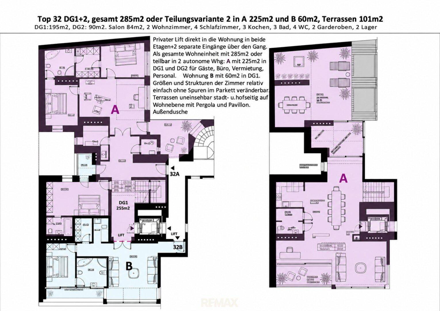 Alternativer Grundriss der Dachgeschosswohnung mit 285m² und unterschiedlicher Aufteilung.