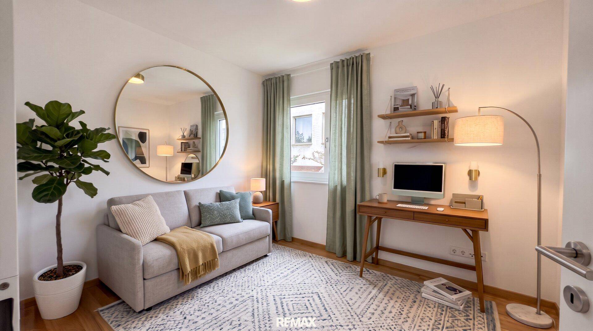 Gemütliches Arbeitszimmer mit Sofa, Schreibtisch und großem Spiegel, ideal für Home-Office.