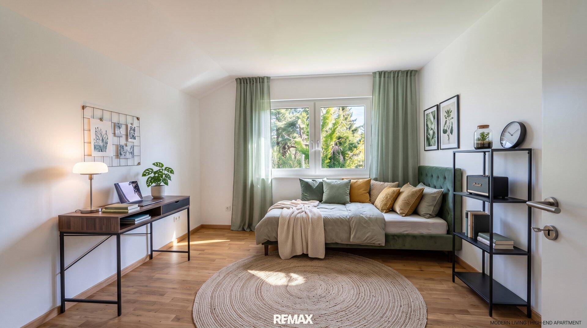 Modern eingerichtetes Schlafzimmer mit Bett, Schreibtisch und Blick in den Garten.