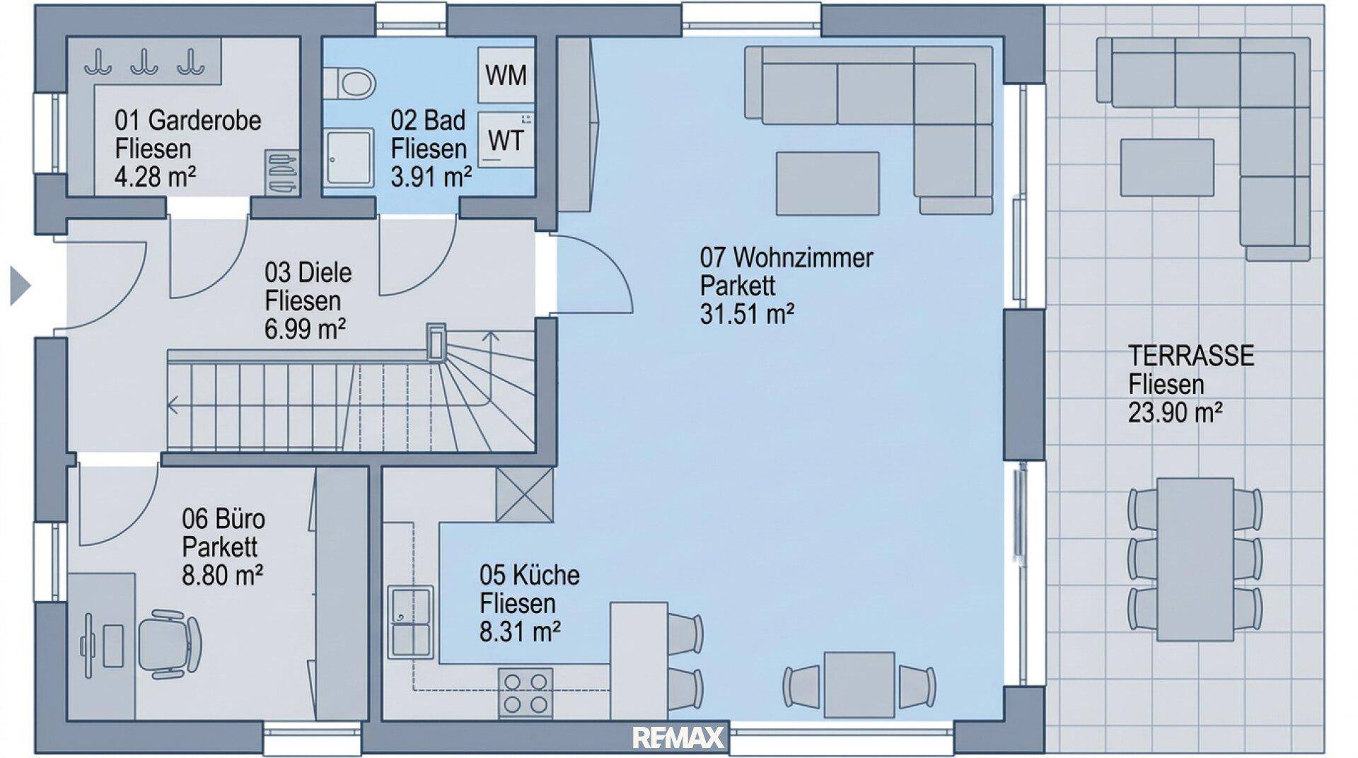 Grundriss des Erdgeschosses mit Wohnzimmer, Küche, Büro und großer Terrasse.