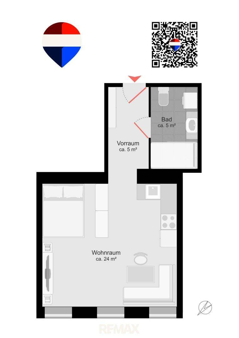 Grundriss einer Einzimmerwohnung mit kombiniertem Wohn-/Schlafbereich, Kochnische und Badezimmer.