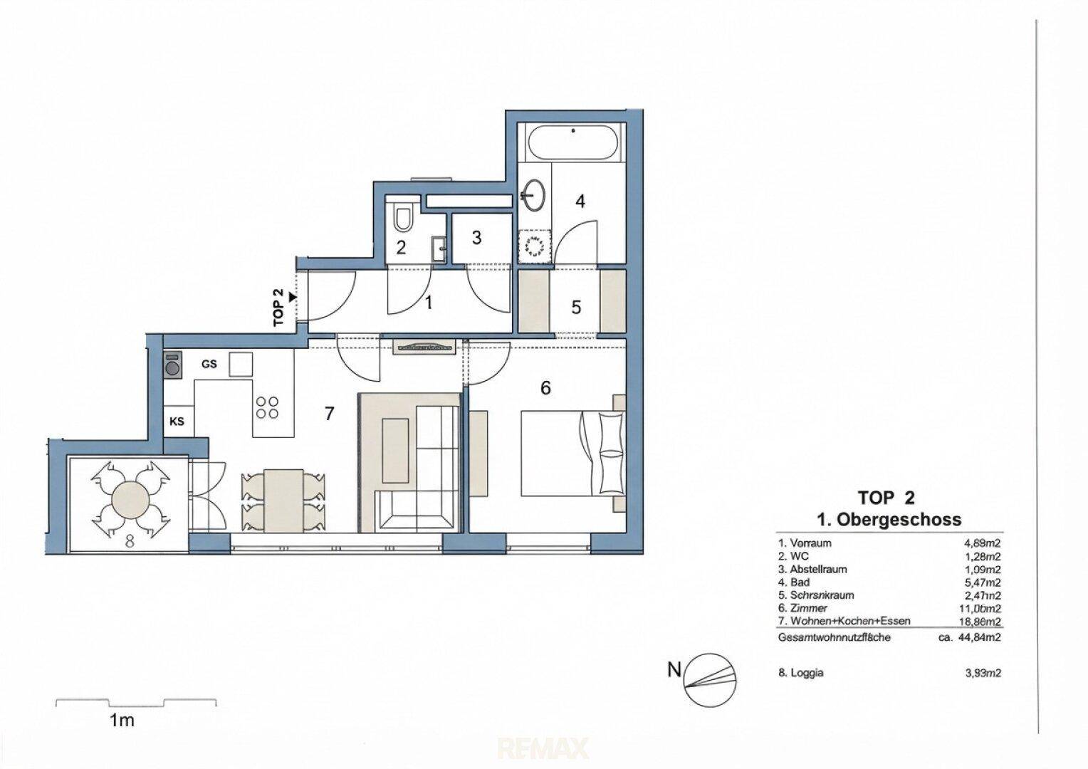 Grundriss der Wohnung "TOP 2" im Obergeschoss mit Loggia und offenem Wohnbereich.