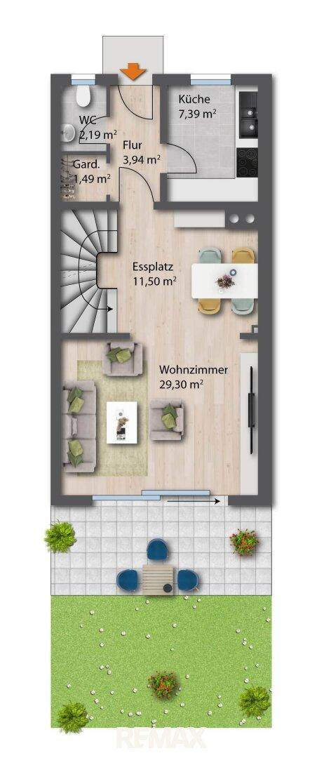 Grundriss des Erdgeschosses mit Wohnzimmer, Essplatz, Küche, WC und Gartenzugang.