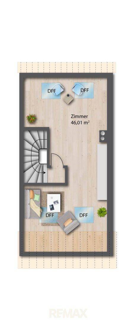 Grundriss des Dachgeschosses mit großem Zimmer und Dachfenstern.