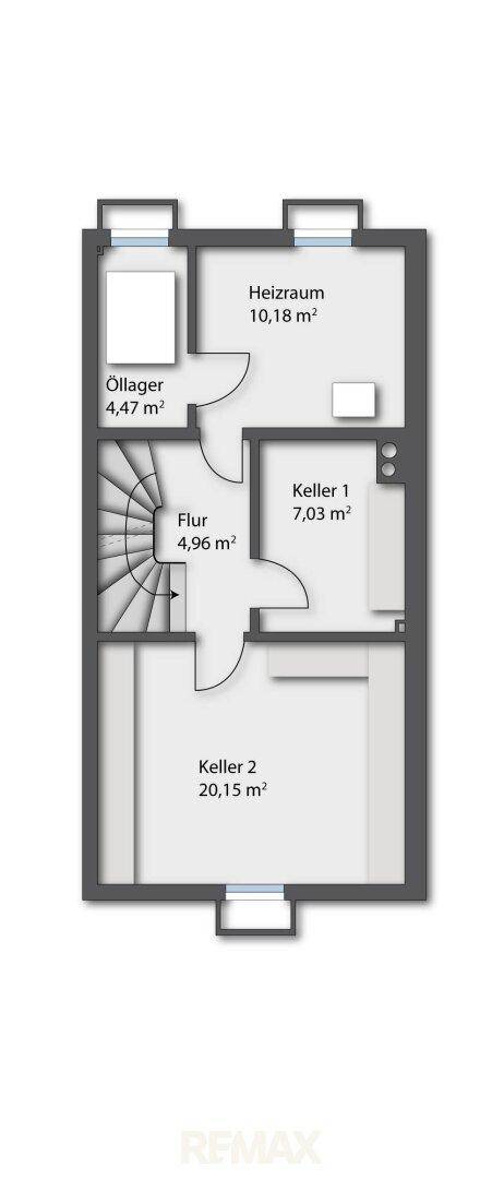Grundriss des Kellers mit Heizraum, Öllager und zwei weiteren Kellerräumen.