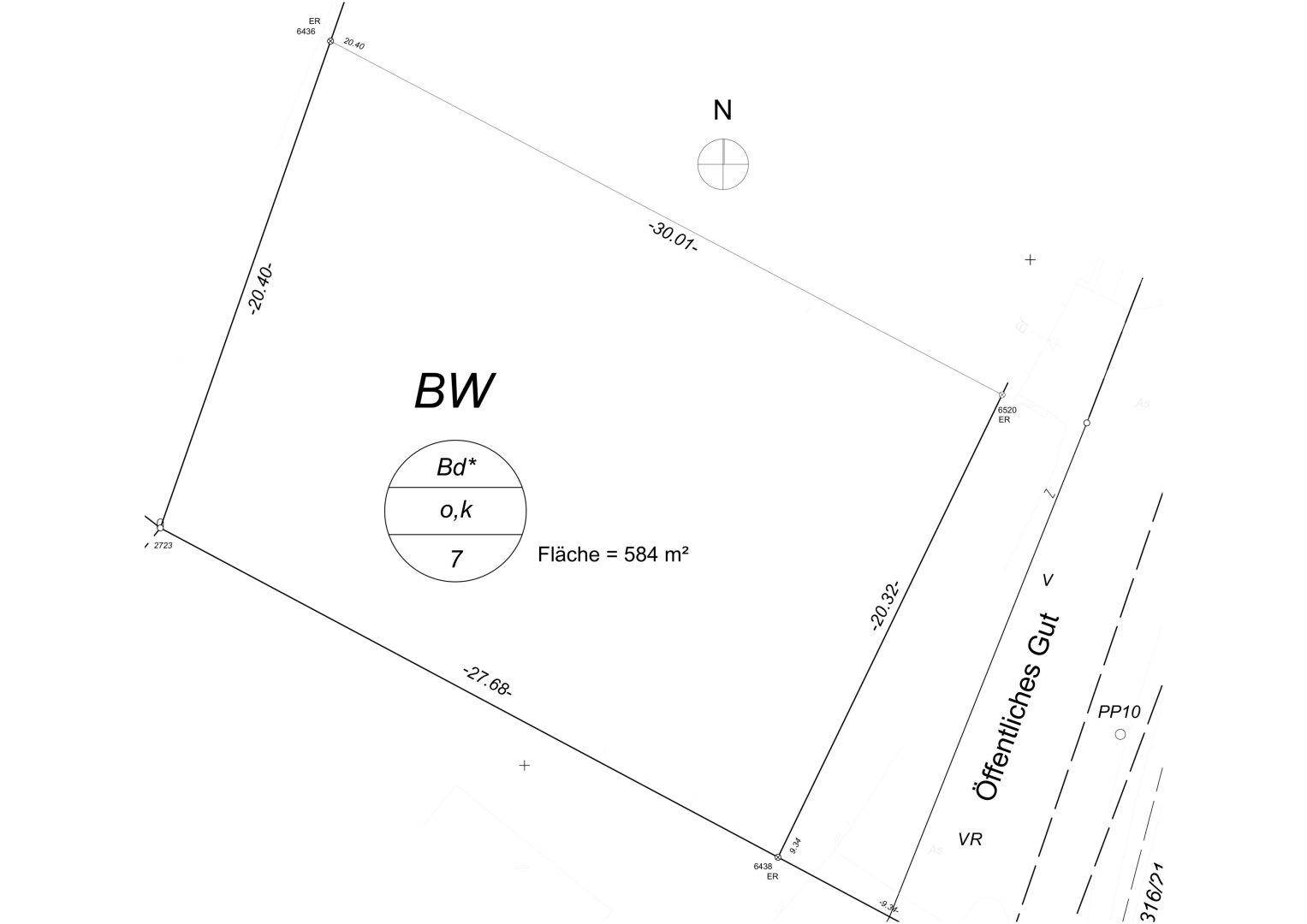 Grundrissplan eines Baugrundstücks mit eingezeichneten Abmessungen und der Gesamtfläche.