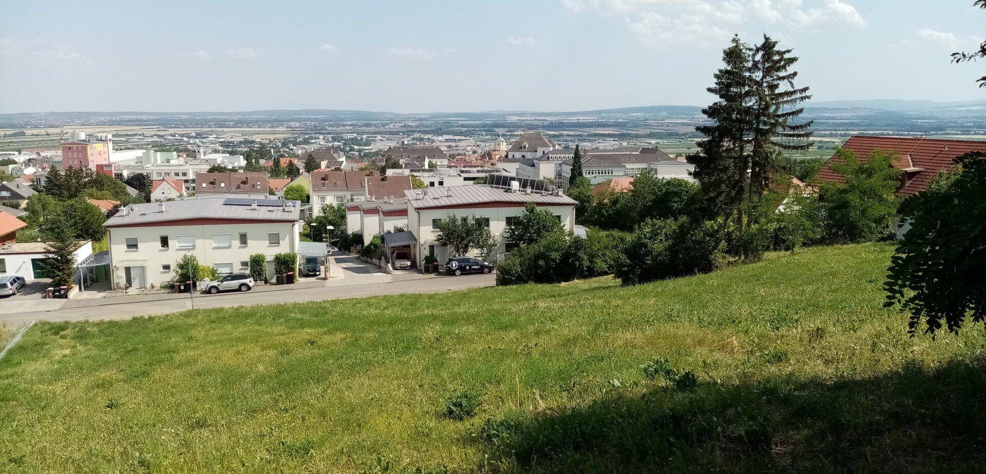 Weitläufiger Blick über die Stadt und umliegende Landschaft von einer grünen Anhöhe.