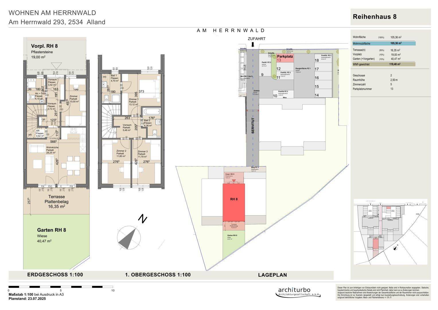 Detaillierter Grundrissplan eines Reihenhauses über zwei Etagen mit offenem Wohnbereich, Terrasse und Garten.