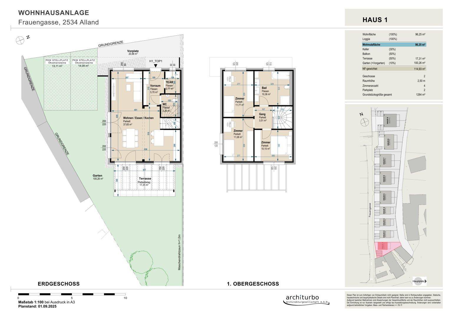 Grundriss von Erdgeschoss und Obergeschoss eines Hauses mit Garten, Terrasse und Balkon.
