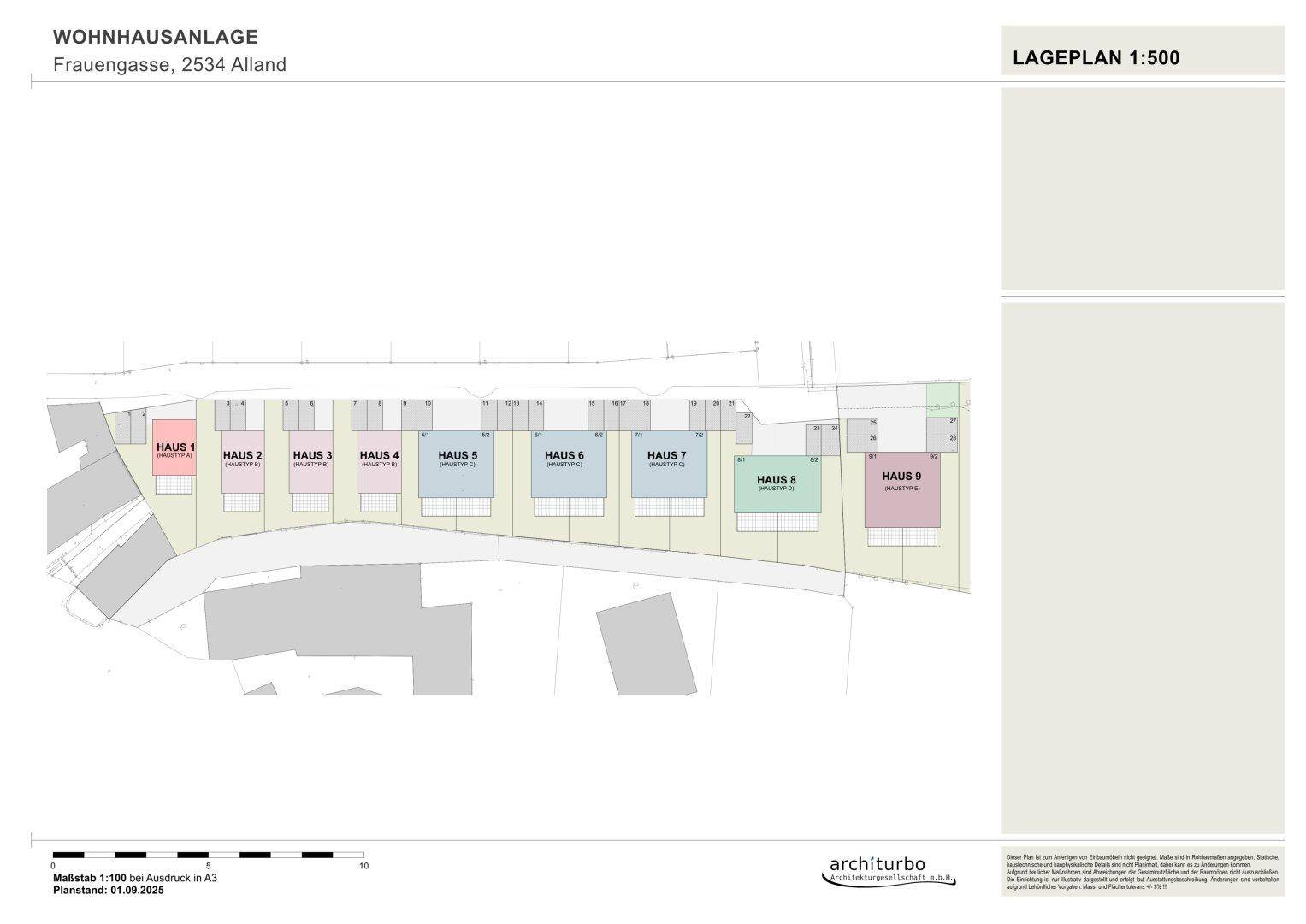 Lageplan einer Wohnhausanlage mit mehreren Reihenhäusern und zugehörigen Gärten in Alland.
