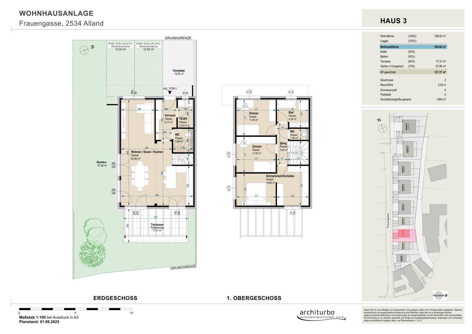 Grundriss des Erd- und Obergeschosses eines Hauses mit offenem Wohnbereich, Terrasse und Garten.
