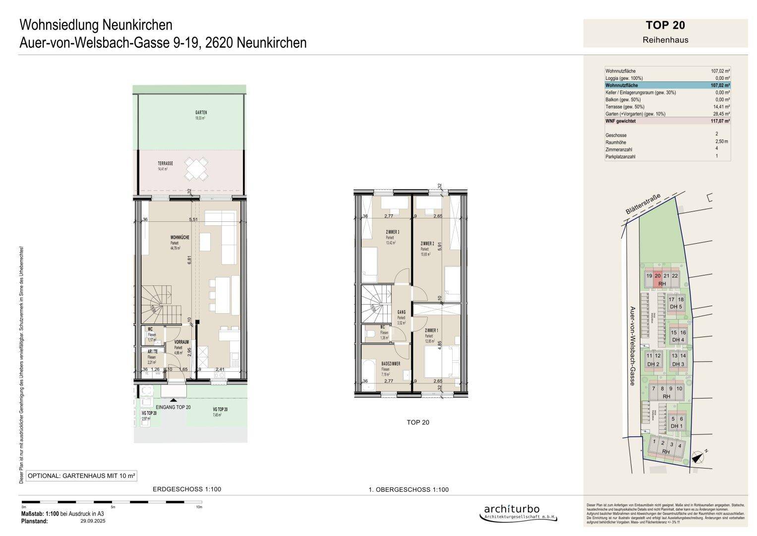 Grundriss des Reihenhauses mit Erdgeschoss, Obergeschoss und Lageplan der Wohnsiedlung.