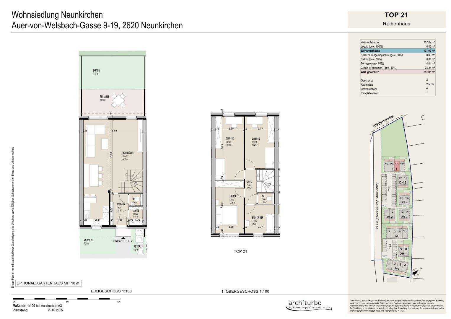 Grundriss des Erdgeschosses und Obergeschosses eines Reihenhauses mit Lageplan.