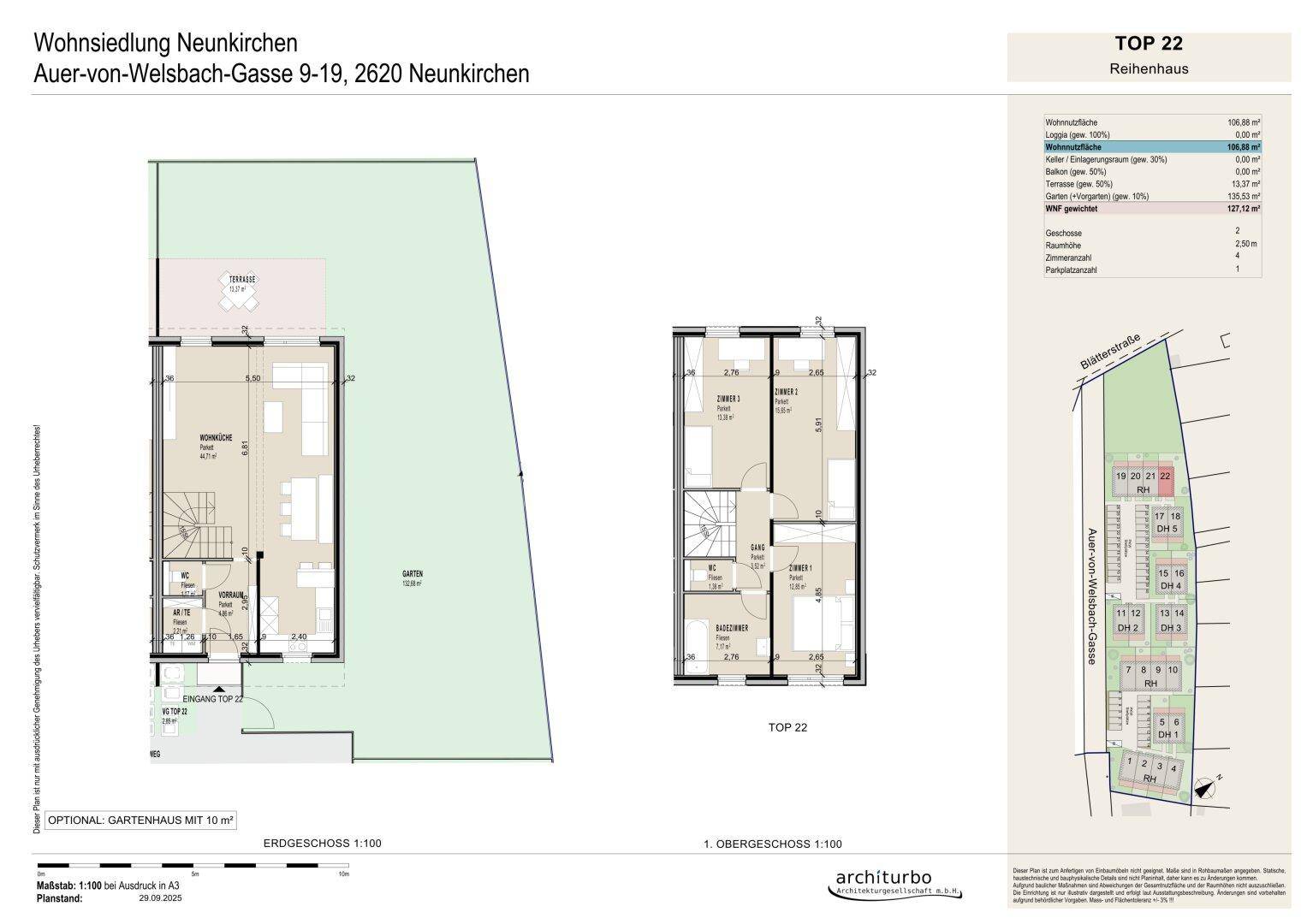 Grundriss eines Reihenhauses mit Erdgeschoss und Obergeschoss, inklusive Garten und Terrasse.