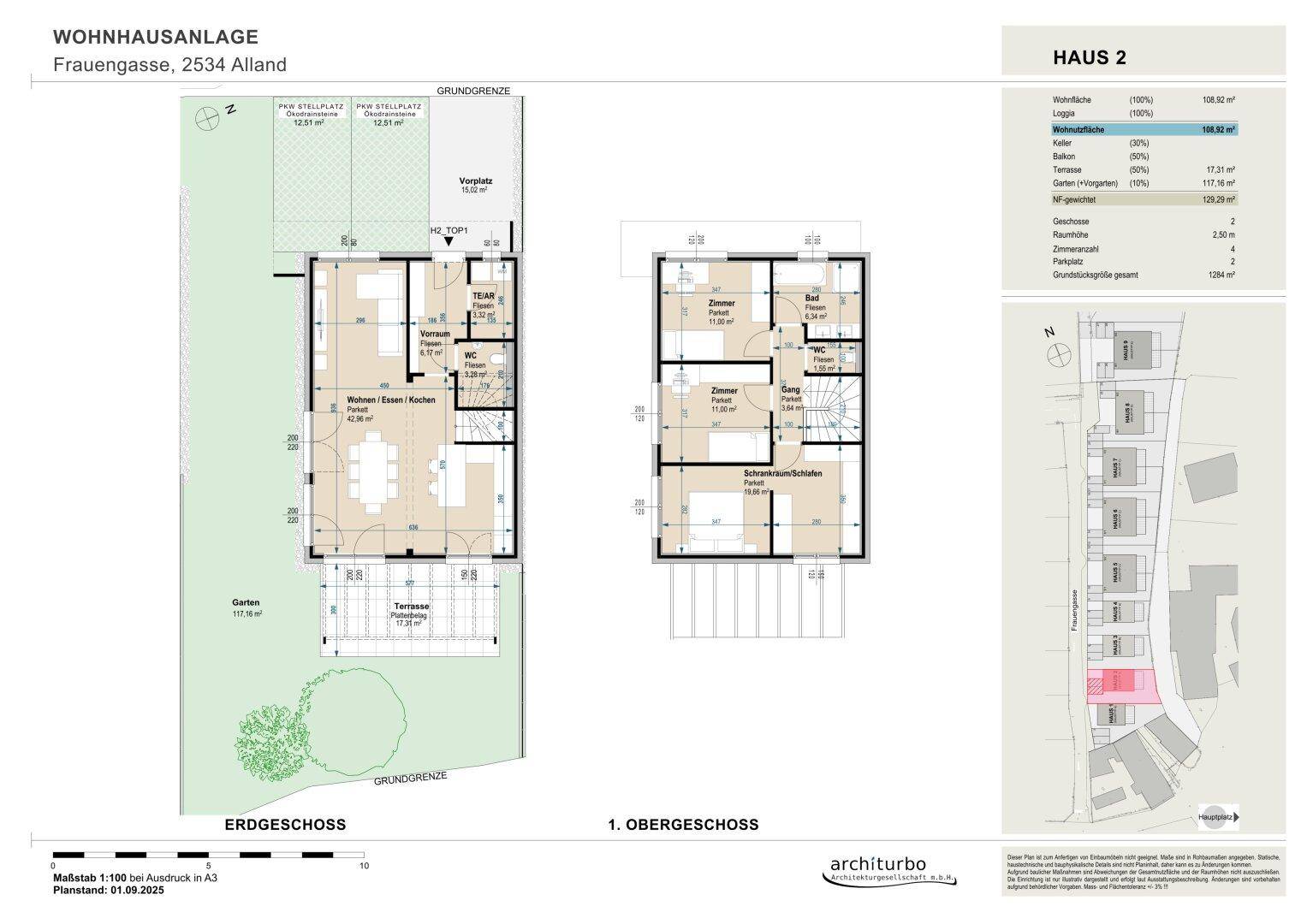 Grundriss von Erdgeschoss und Obergeschoss eines Reihenhauses mit offenem Wohnbereich und Terrasse.