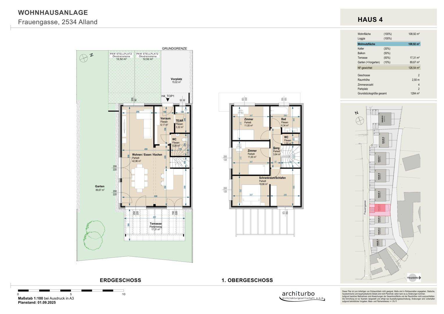 Detaillierter Grundriss von Haus 4 mit Erdgeschoss und Obergeschoss, inklusive Garten und Terrasse.