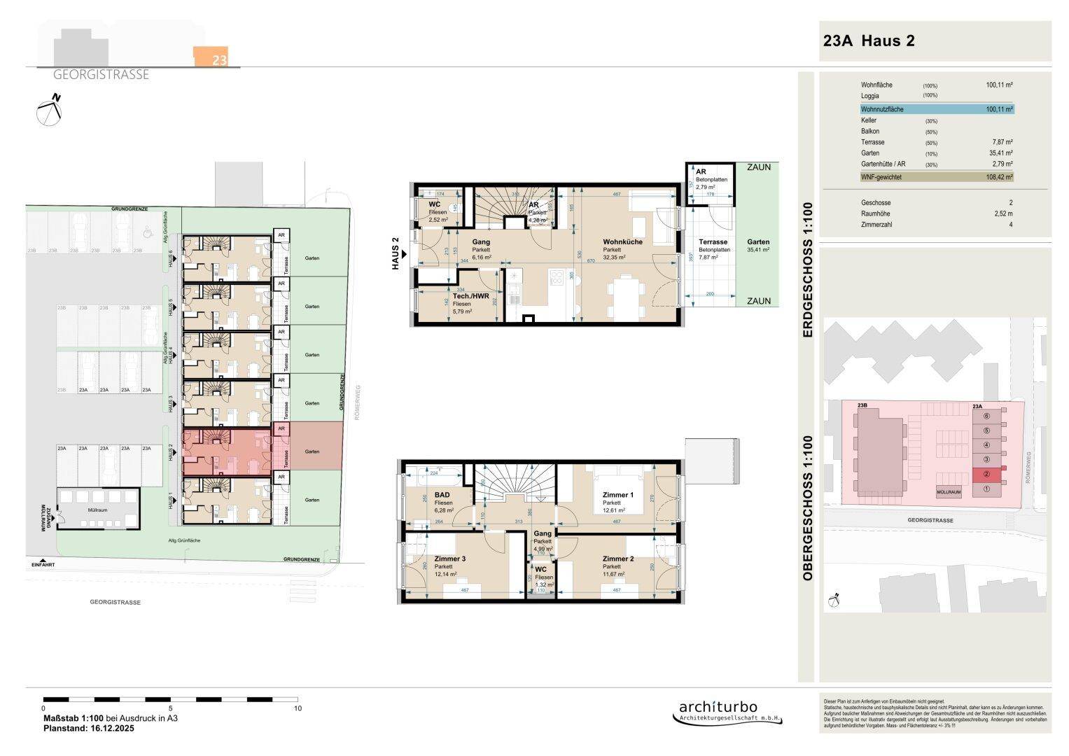 Grundriss des Erd- und Obergeschosses eines Reihenhauses mit offener Wohnküche, Terrasse und Garten.