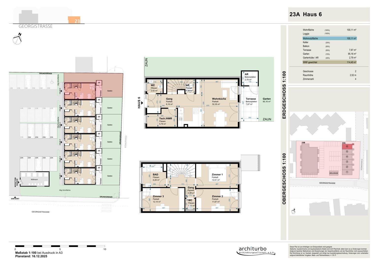 Grundriss für Haus 6 mit Erdgeschoss und Obergeschoss, inklusive Terrasse und Garten.