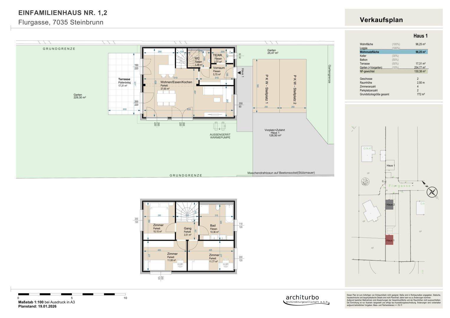 Grundriss des Einfamilienhauses mit offenem Wohnbereich, Terrasse, Balkon und Stellplätzen.