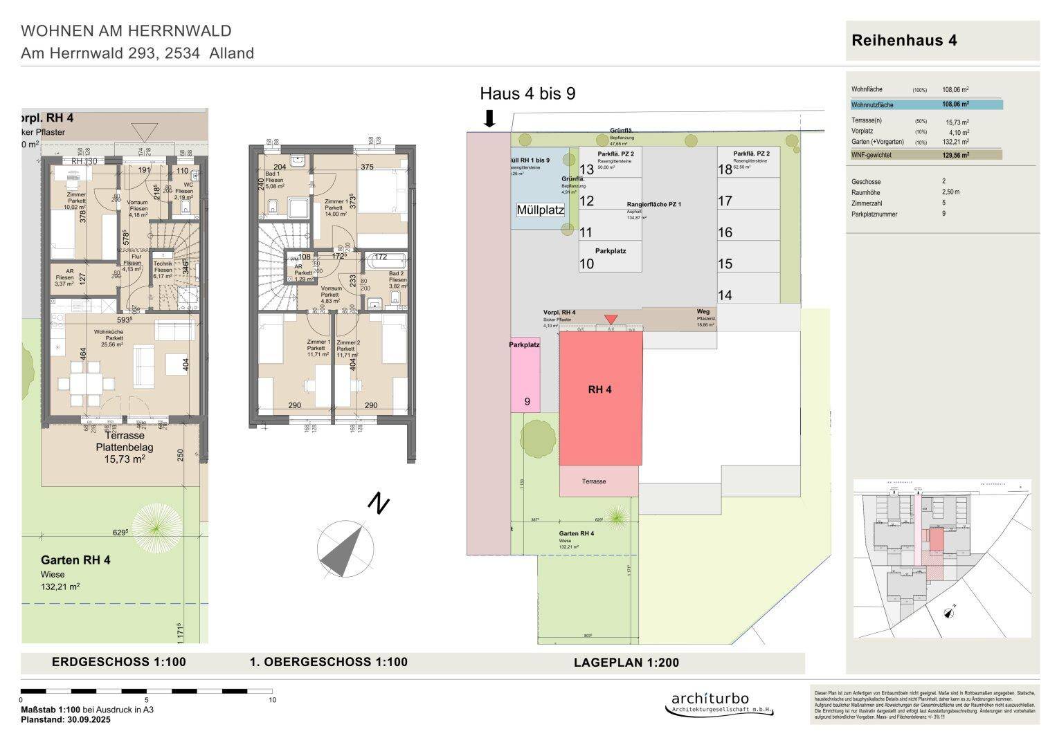 Detaillierter Grundriss von Erdgeschoss und Obergeschoss mit Lageplan und Garten.