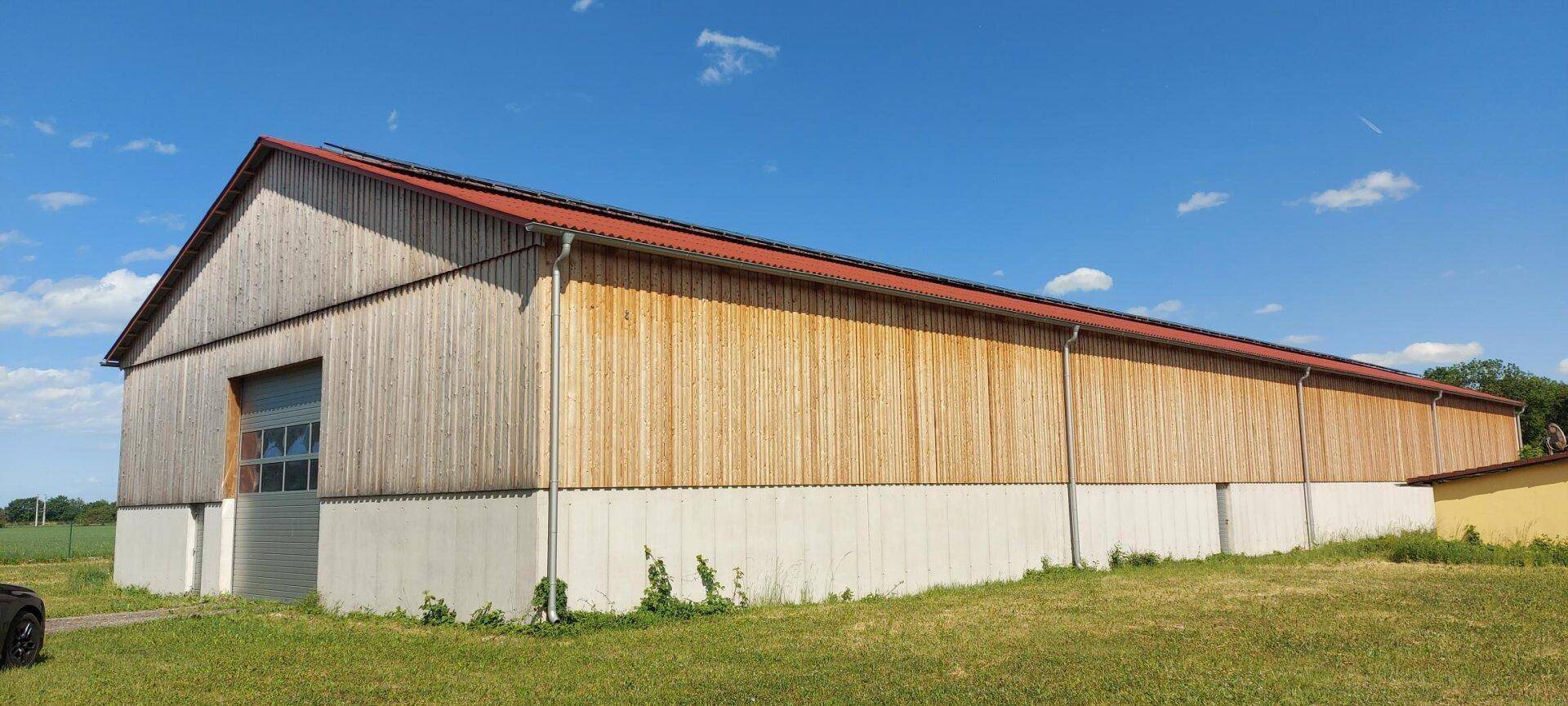 Seitenansicht der Lagerhalle mit Holzverkleidung, rotem Dach und großem Rolltor, umgeben von Natur.
