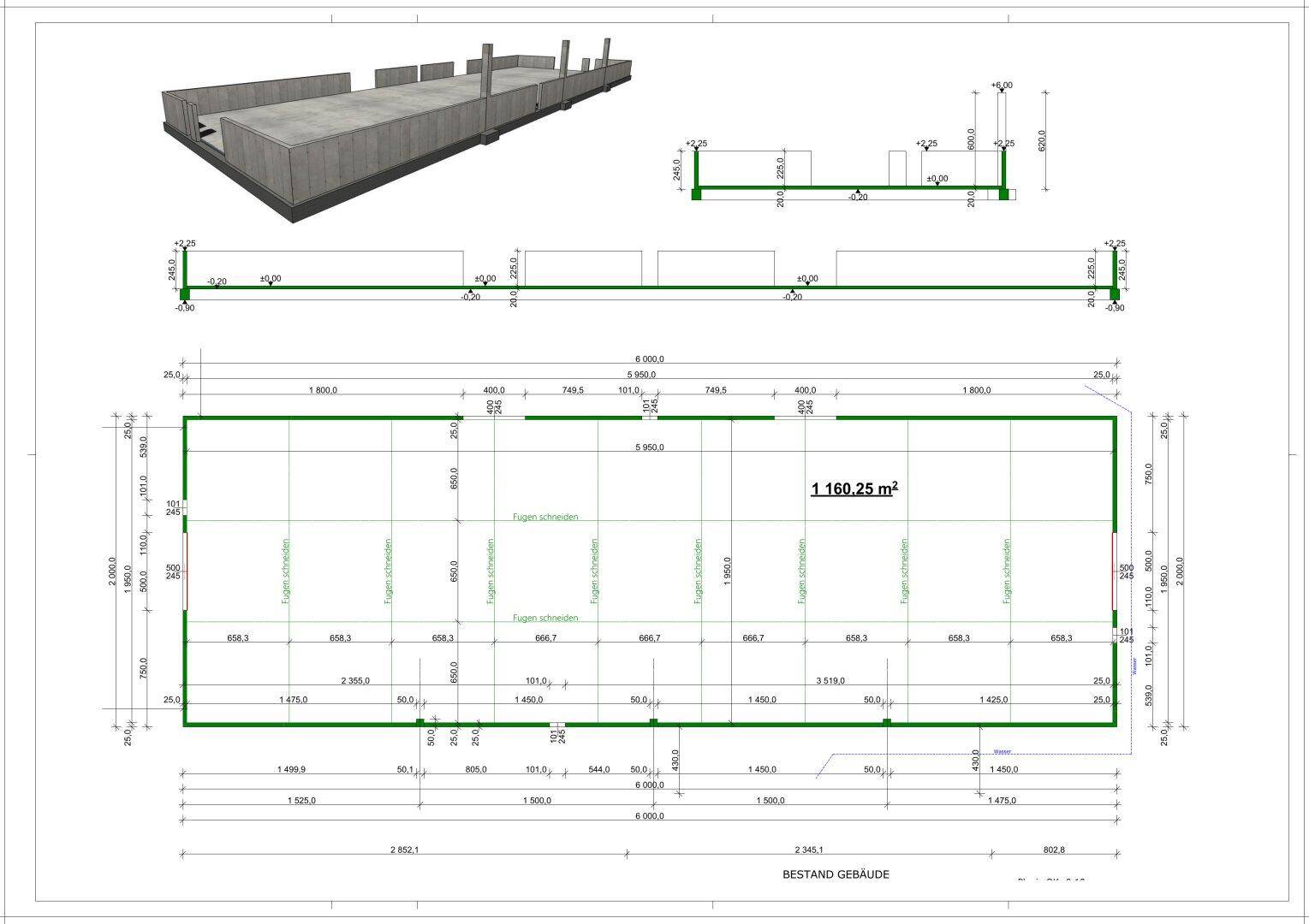 Technischer Grundriss des Bestandsgebäudes mit detaillierten Abmessungen und Flächenangaben von 1.160,25 m².