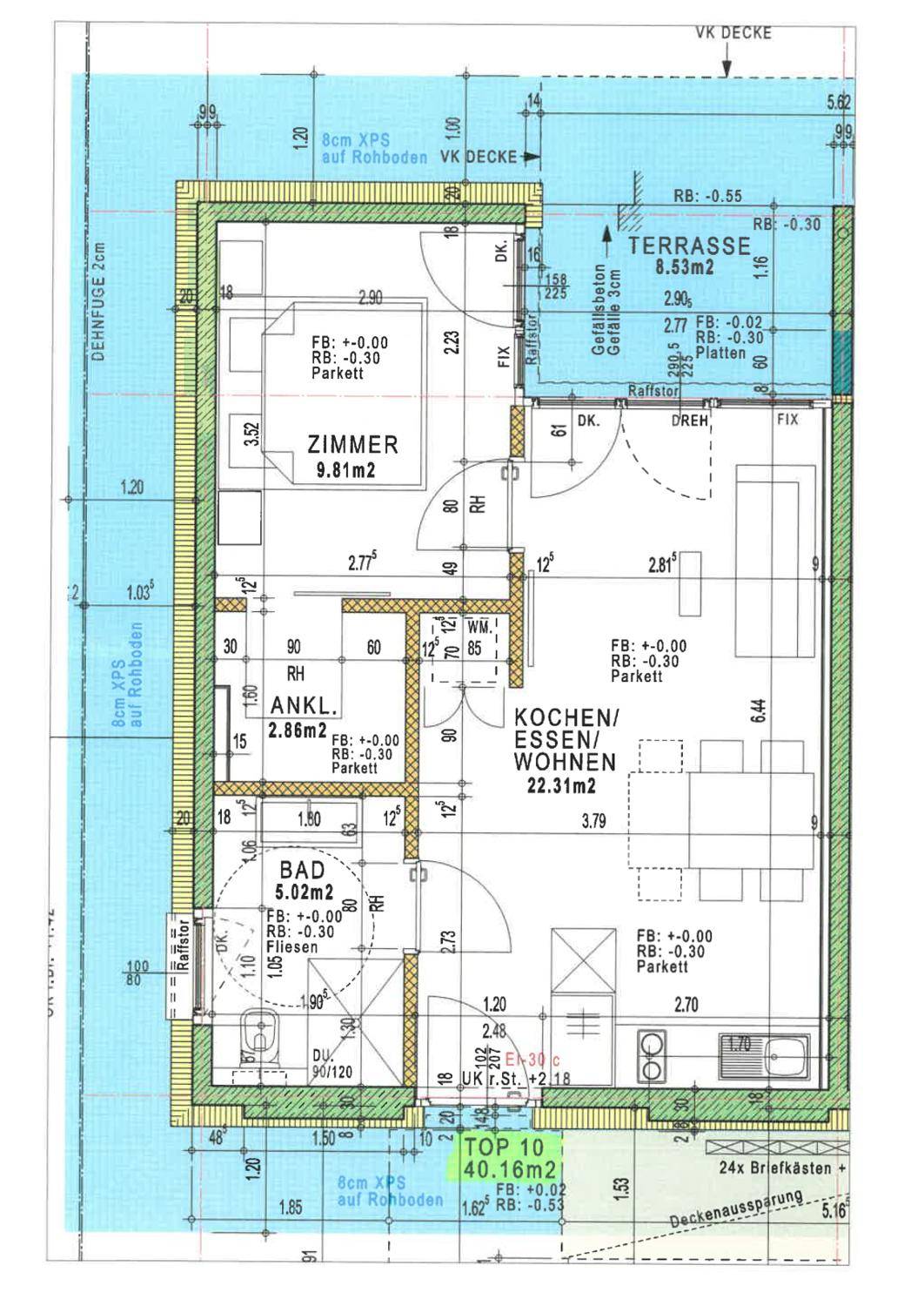Detaillierter Grundriss einer Wohnung mit Terrasse, einem Zimmer und offenem Wohnbereich.