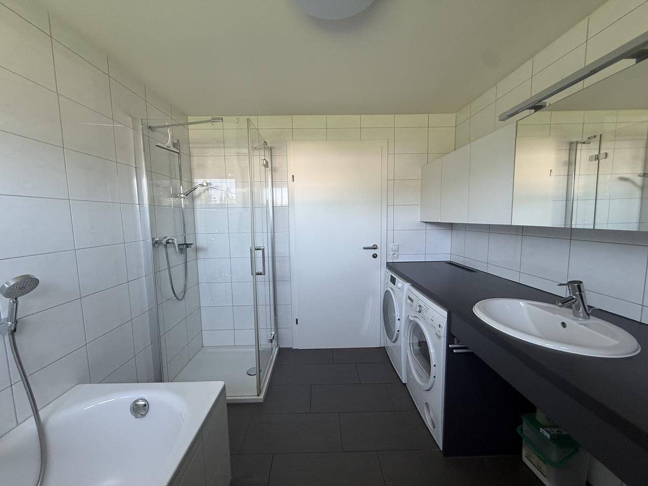 Modernes Badezimmer mit Badewanne, Dusche, Waschmaschine und Trockner.
