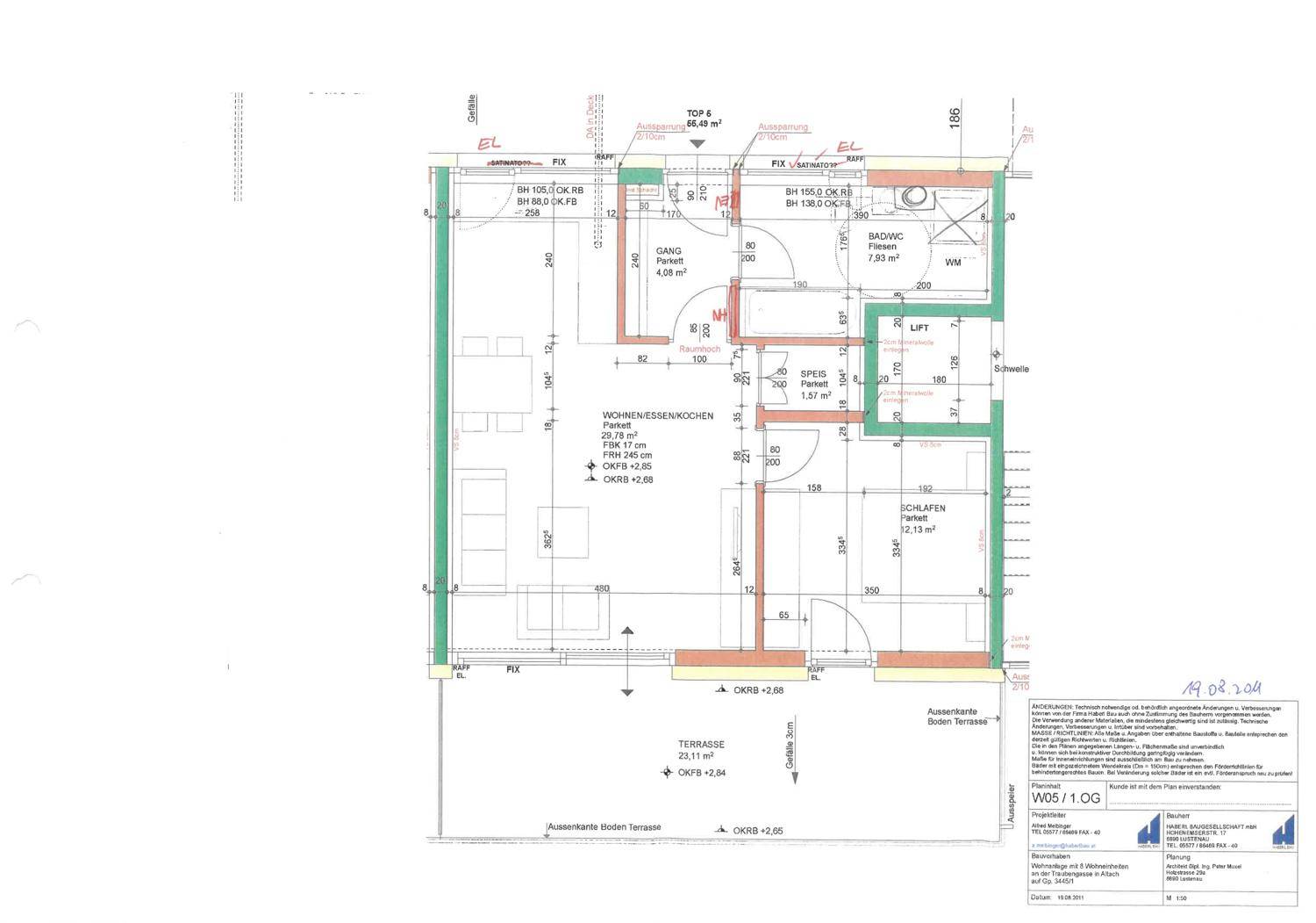 Detaillierter Grundriss mit Wohn-/Kochbereich, Schlafzimmer, Bad und Terrasse.