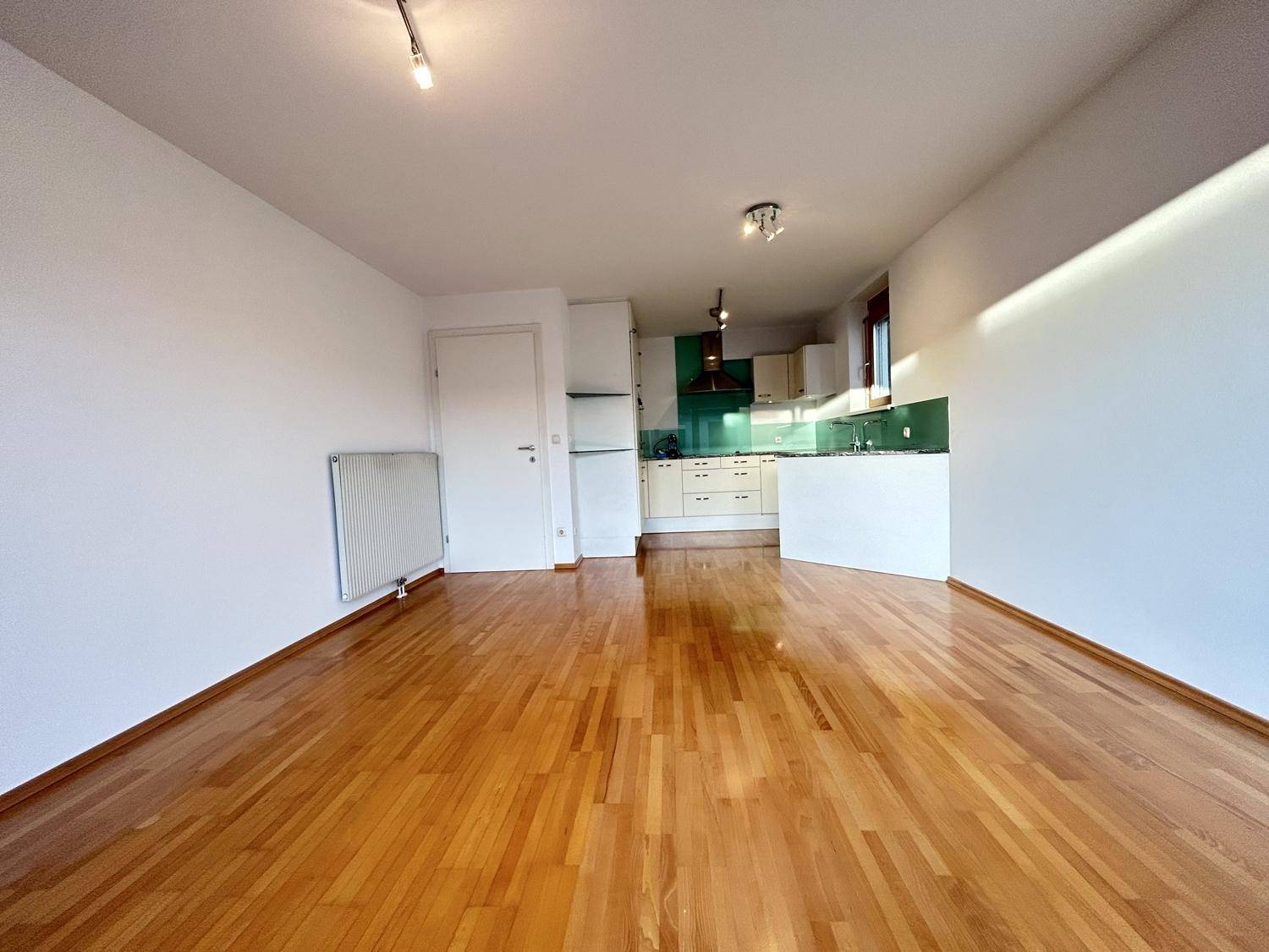 Offener Wohnbereich mit integrierter Küche, hellem Holzparkett und weißen Wänden.