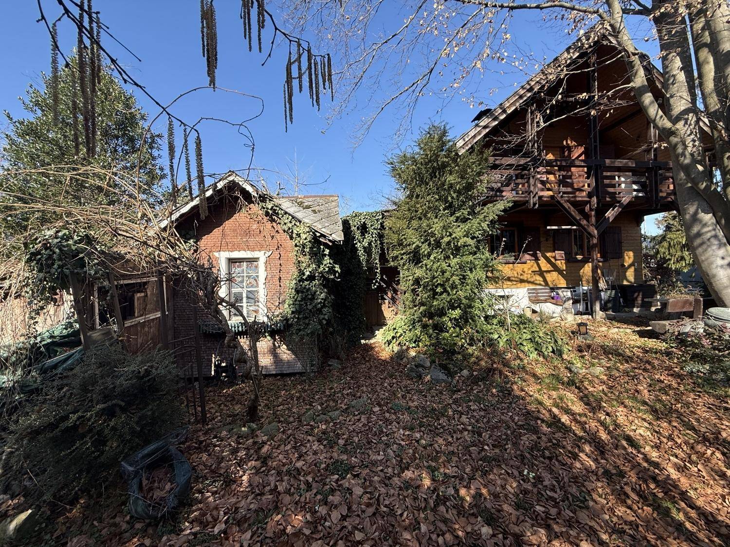 Rustikales Holzhaus mit Nebengebäude, umgeben von herbstlichem Laub und Bäumen.