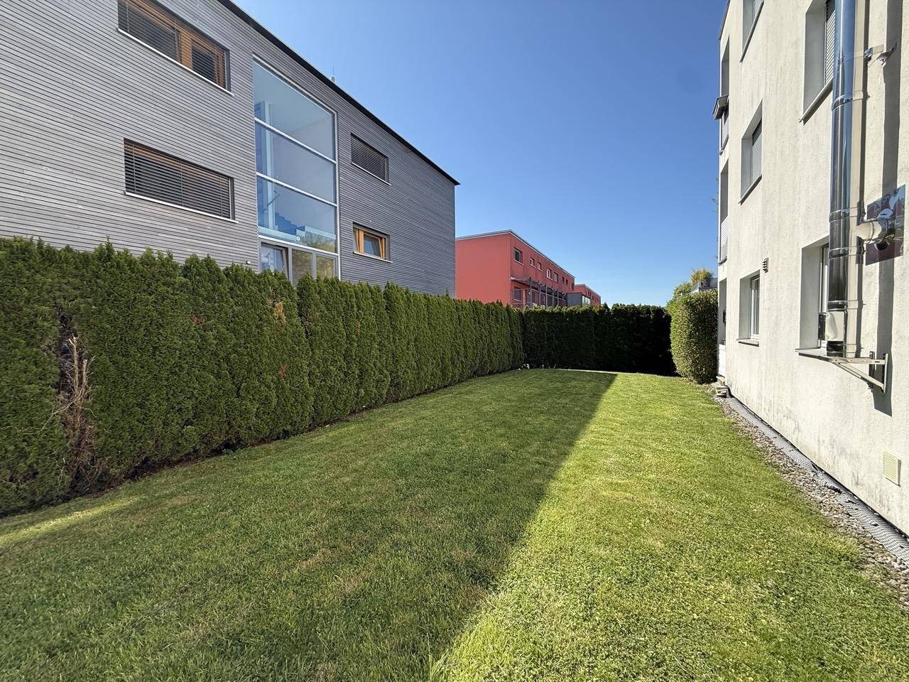 Langer, schmaler Gartenbereich mit Rasen und hoher Hecke zwischen den Häusern, sehr privat.