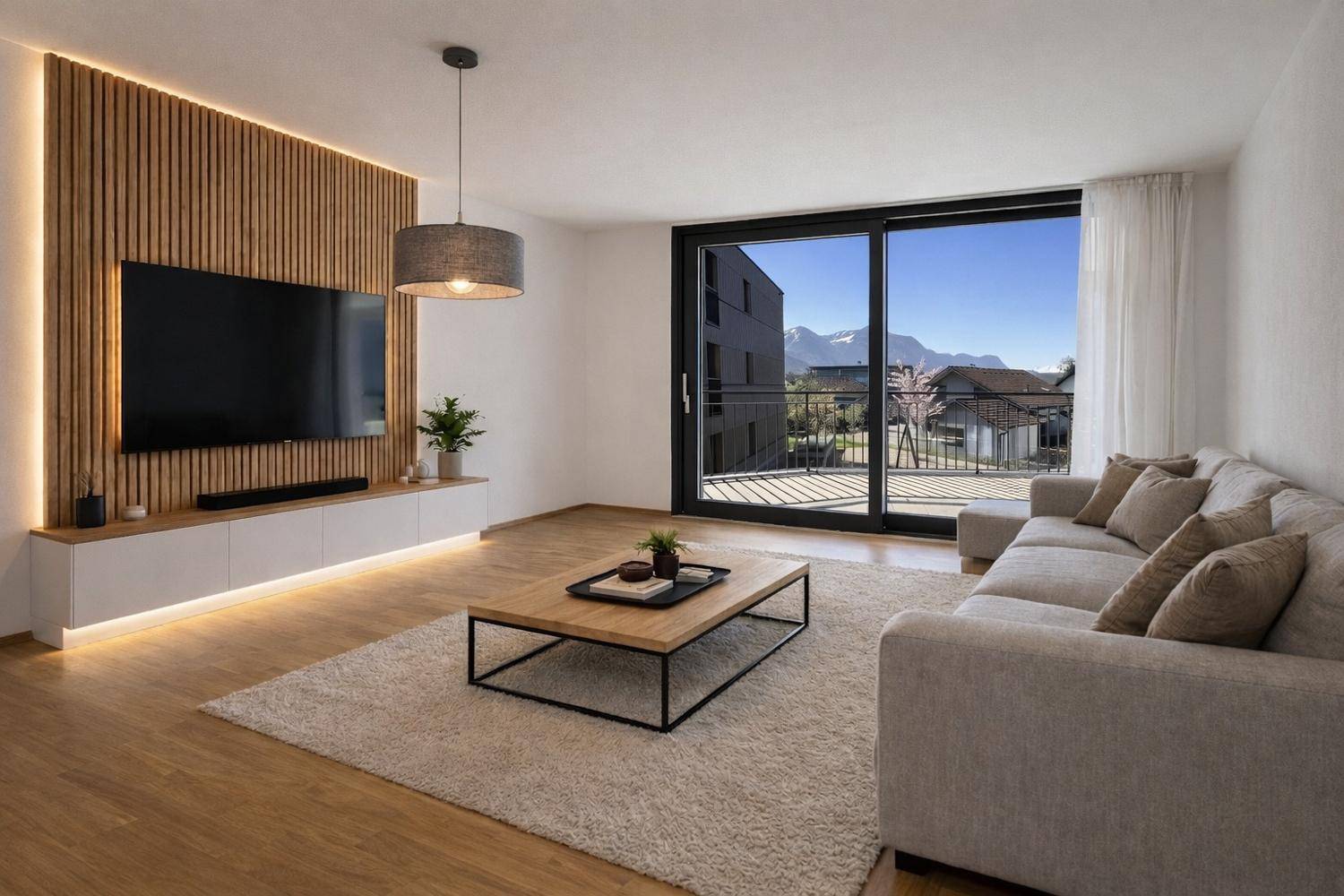 Lichtdurchflutetes Wohnzimmer mit großem Fenster, Balkonzugang und Bergblick.