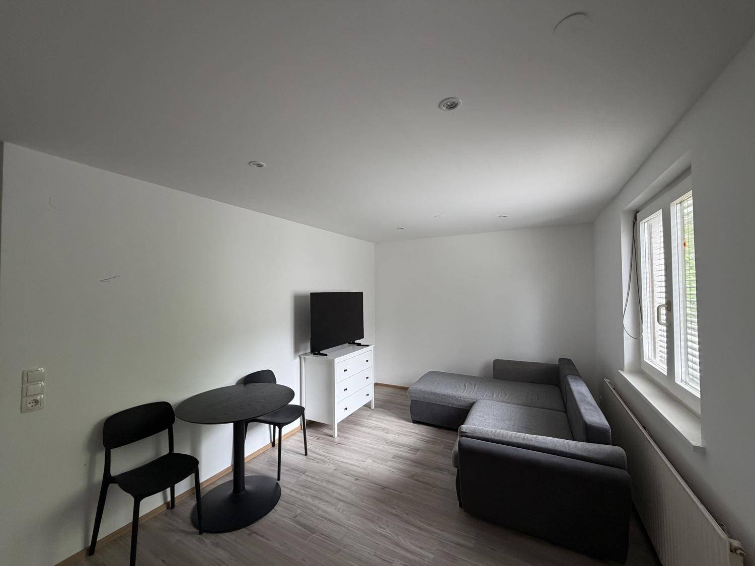 Heller Wohnbereich mit Schlafsofa, kleinem Esstisch und schlichtem, modernem Design.