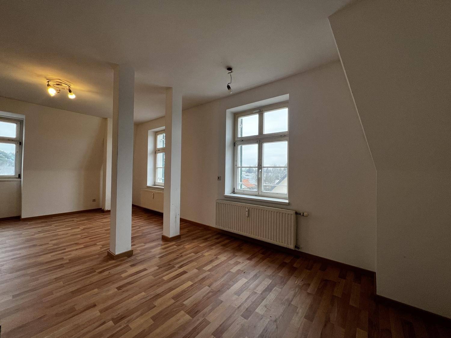 Geräumiger, leerer Raum mit Holzboden, mehreren Fenstern und tragenden Säulen im Dachgeschoss.